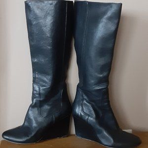 NINE WEST Black Leather Wedge Knee High Boots Zip Side Size 9